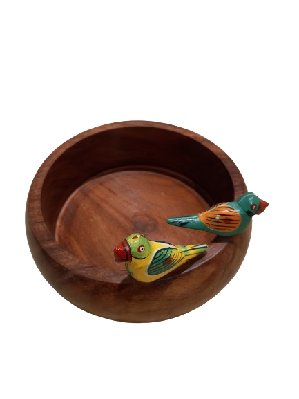 Wooden Bowl With Hand Carved Bird