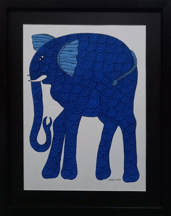 L Gond On Art Paper Blue Elephant