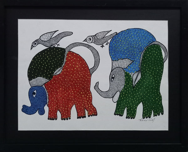 L Gond On Art Paper Two Elephant