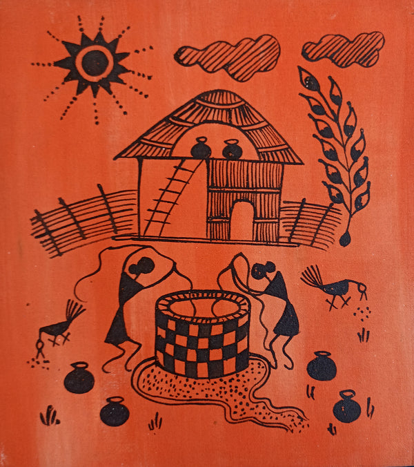 M Warli On Canvas (Orange) 3