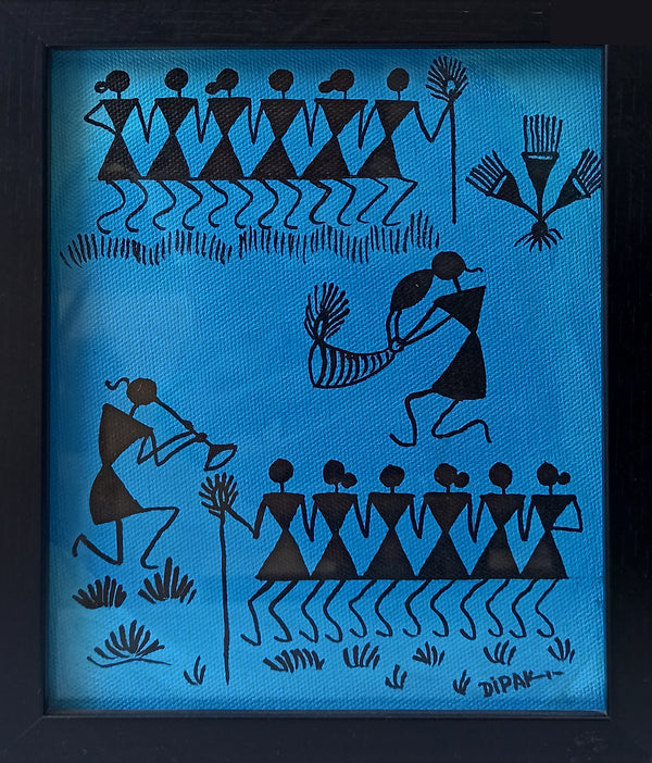 L Warli On Canvas (Blue)